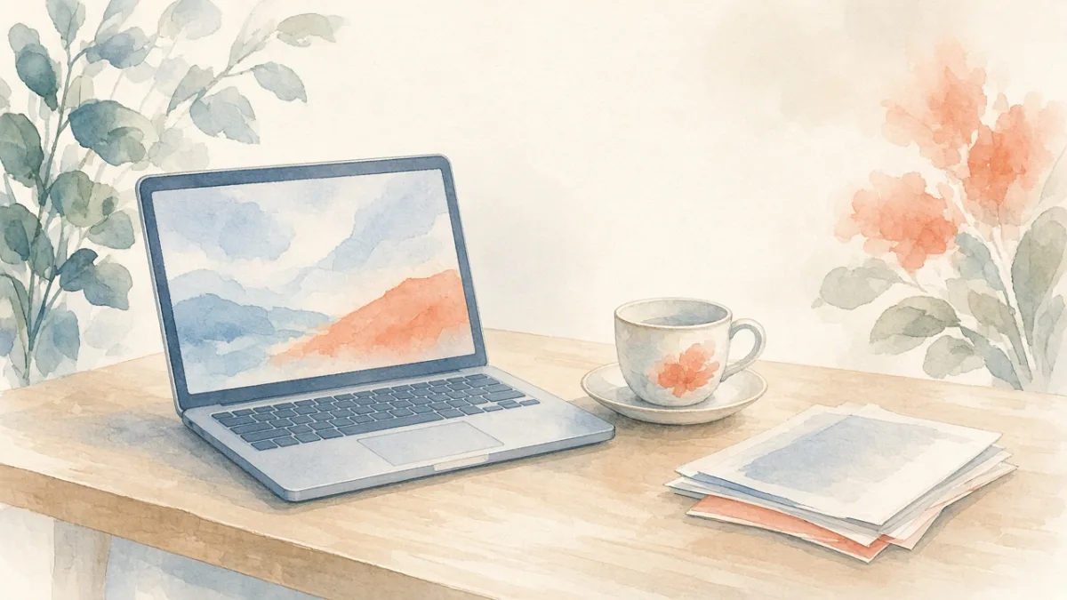 Laptop terbuka di meja dengan secangkir teh di sampingnya